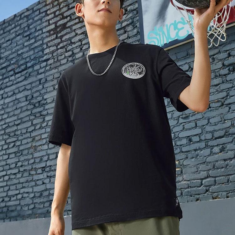 Li-Ning Sports Basketball Series Letter Print Solid Color Crew Neck Pullover Short Sleeve T-Shirt Men Tops Blue Black AHSS739-2