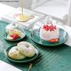 Green Ceramic Cake Pan Glass Cover Round Fruit Plate Cake Stand Snack Dessert Plate Decorative Display Tray Transparent Cover