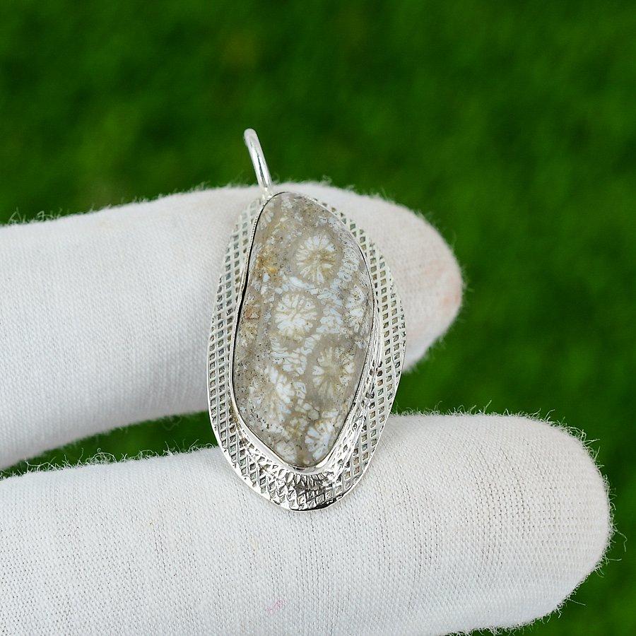 Natural Fossil Coral Gemstone Pendant 925 Sterling Silver Indian Jewelry