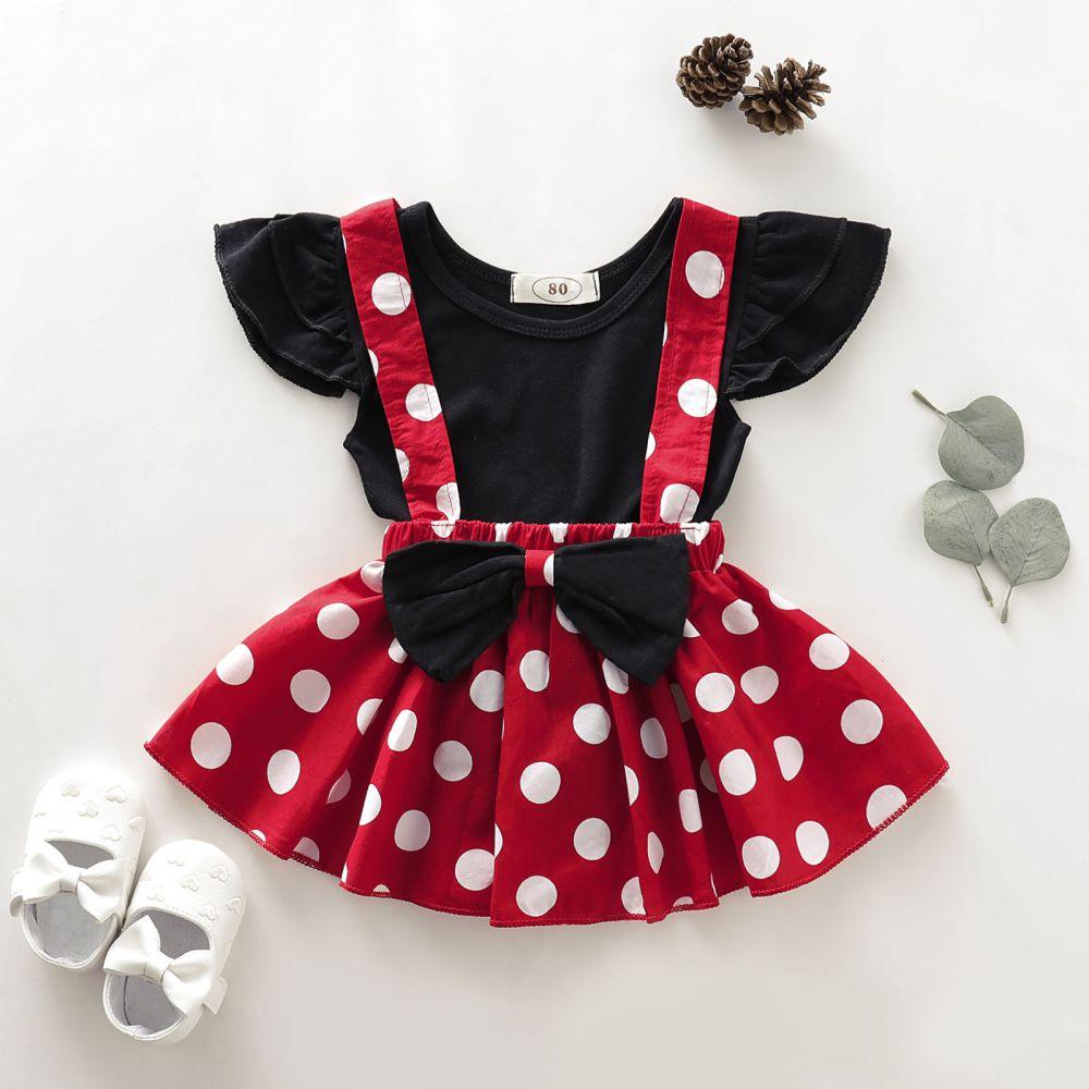 2pcs/set Toddler Girl Dress Set Ruffled Short Sleeve Top+Overalls Dress Solid Blouse+Polka Dot Suspender Dress Children Outfits 1-5Y