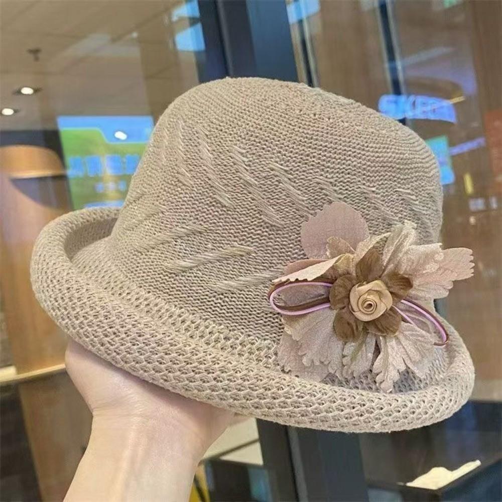 Solid Color Sunscreen Bucket Cap Rolled Brim Women Sun Cap Sweet Flower Fisherman Hat Girls
