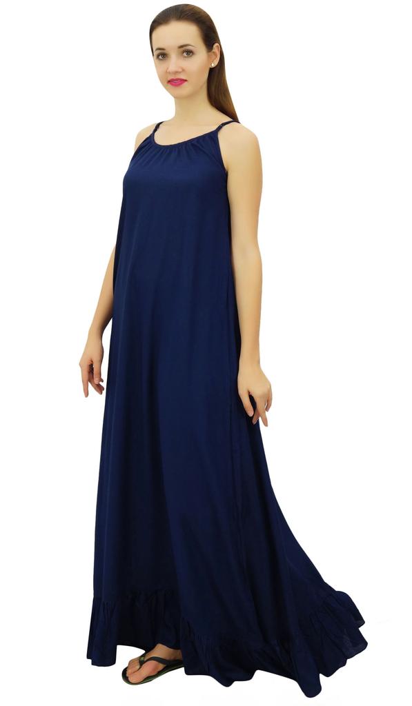 Bimba Women Rayon Night Gown Navy Blue Full Length Long Maxi Spaghetti Strap Sleep
