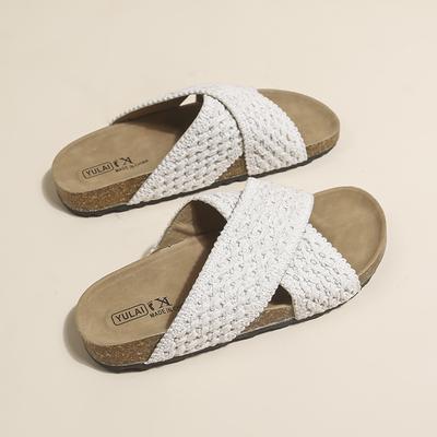 Вязаные шлепанцы с перекрестными ремешками, женская летняя обувь, новые ретро шлепанцы на толстой подошве для пляжного отдыха, крутые шлепанцы