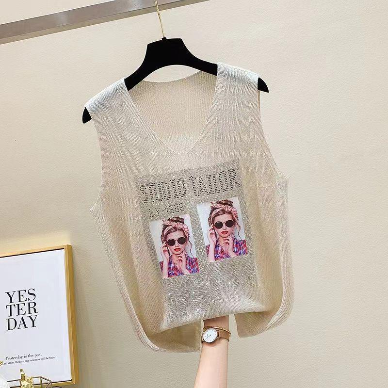 2023 Блестящий шелковый женский жилет без рукавов с V-образным вырезом - Новый стиль весна/лето, свободный крой с вязаным дизайном на бретелях с горячими бриллиантами
