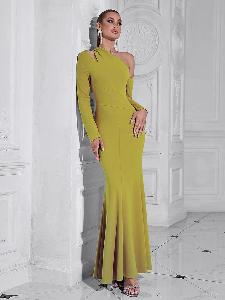 Элегантное женское вечернее платье с открытым плечом, облегающего кроя - Сексуальное платье с открытой спиной и длинными рукавами