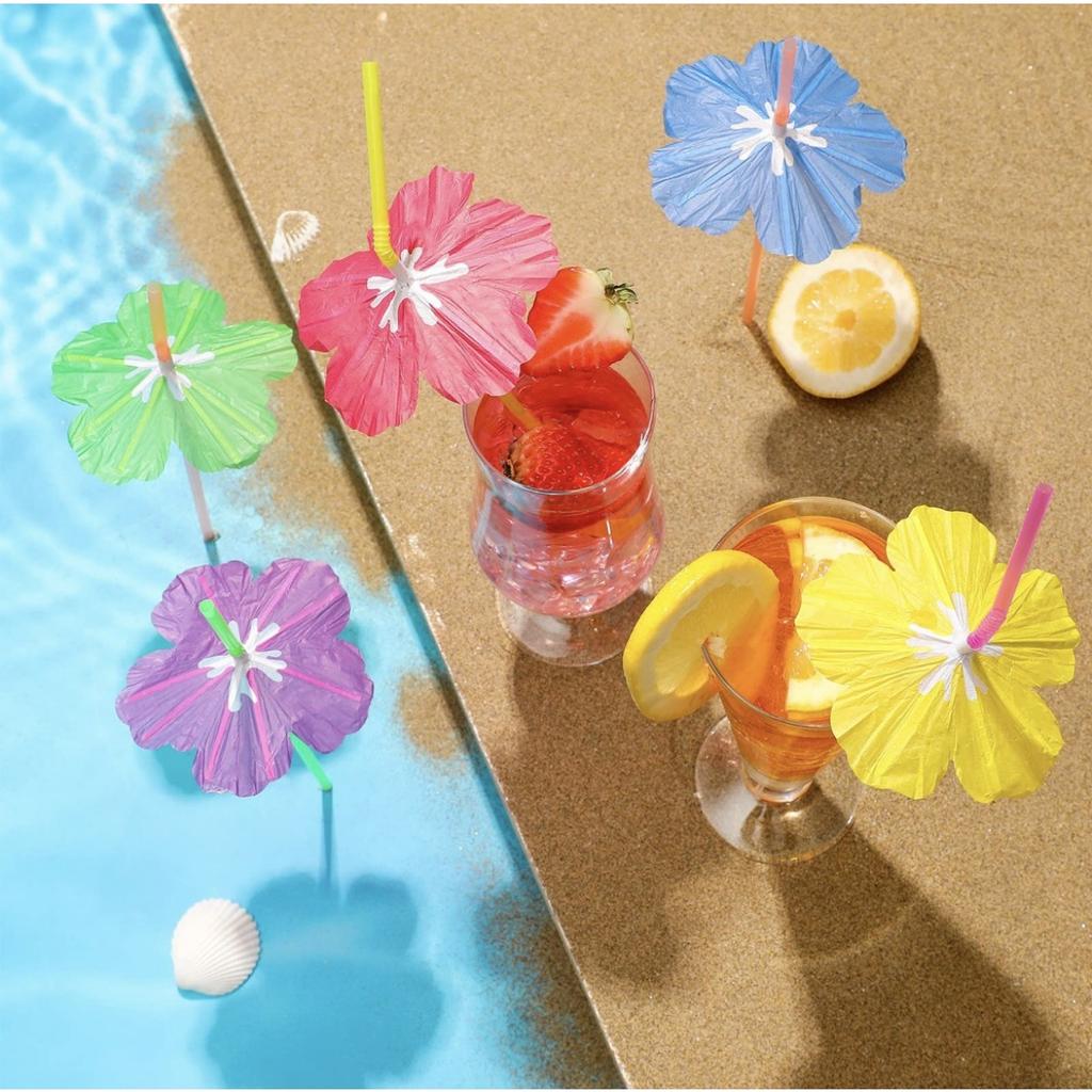 50 Pieces Umbrella Summer Beach Luau Tropical Straws for Drinks Hawaiian Cocktails Umbrella Straws Drinks Party Decorations Supply(Hibiscus)