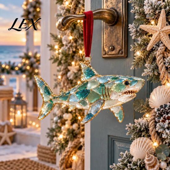 Modern Wall Hanging Decor Sea Glass Christmas Ornament, Coastal Turtle Whale Shark Octopus Festive Party Supplies Tree Decoration, Ocean-Inspired