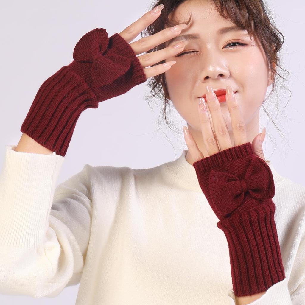 New Autumn and Winter Women's Bow Cute Fashion Gloves Knitted Warm Half Finger Fingerless Gloves