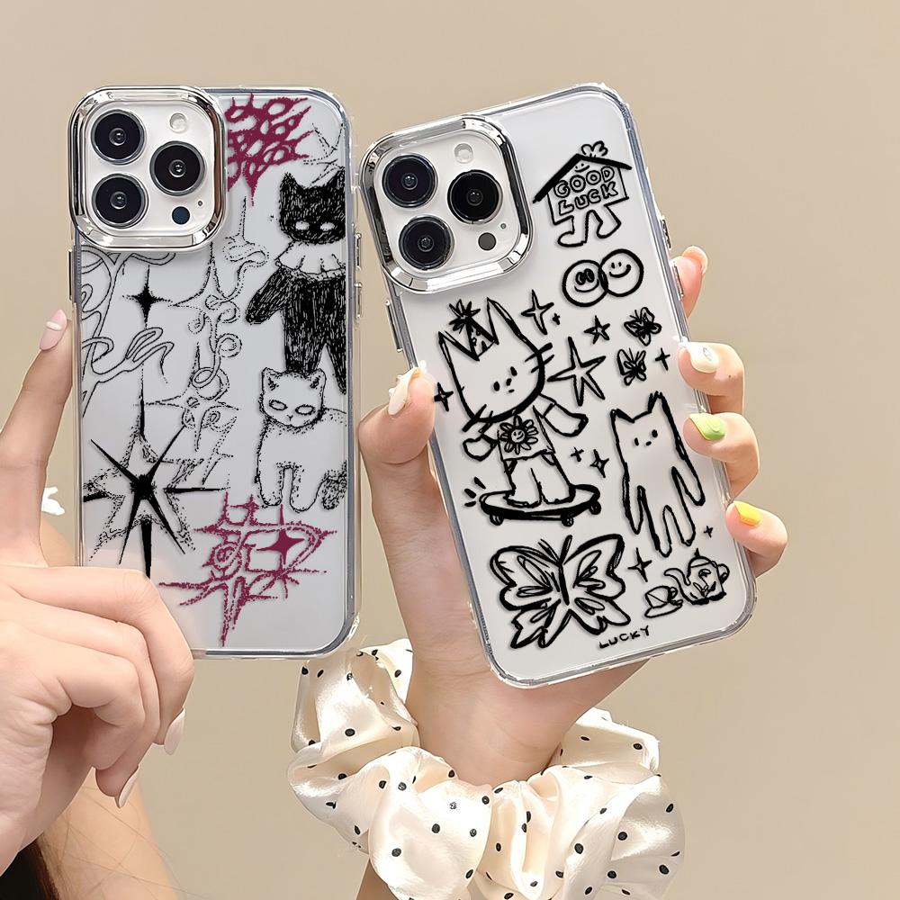 Ручной рисунок кота Защитный прозрачный чехол для телефона Для iPhone 17 Air 16 15 13 12 11 Pro Max Pro Plus Прозрачный легкий чехол