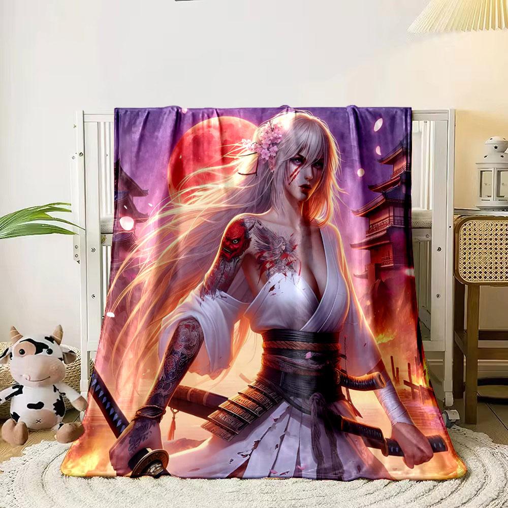 Samurai Woman Under Red Moon print blanket soft and cozy perfect for the living room bed sofa or a nap,gift