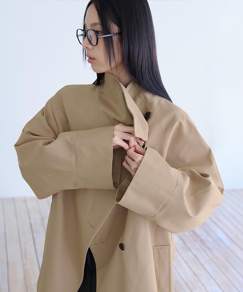 Londonda Draped High-Neck Half Trench Coat, Beige