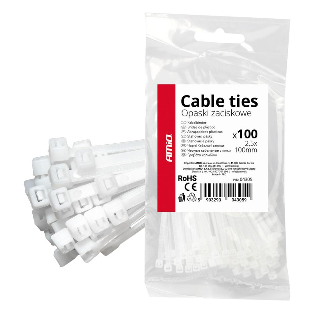 Cable Ties White 2.5×100mm 100 Pcs Amio-04305