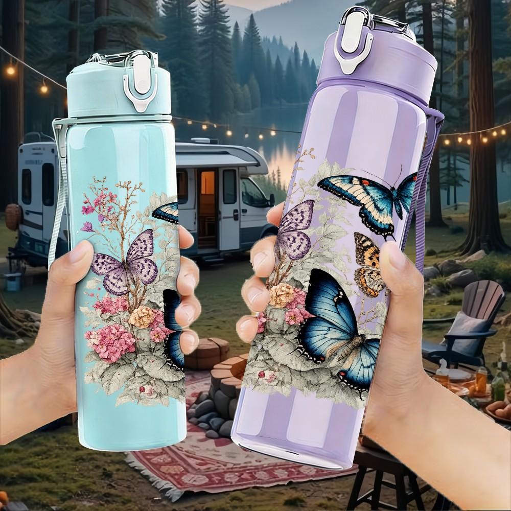 1PC Butterfly Multi Layer Floral Frame Print 750ml Color Plastic Sports Water Bottle Leakproof Flip Straw Lid Suitable for Sports Office Home Use