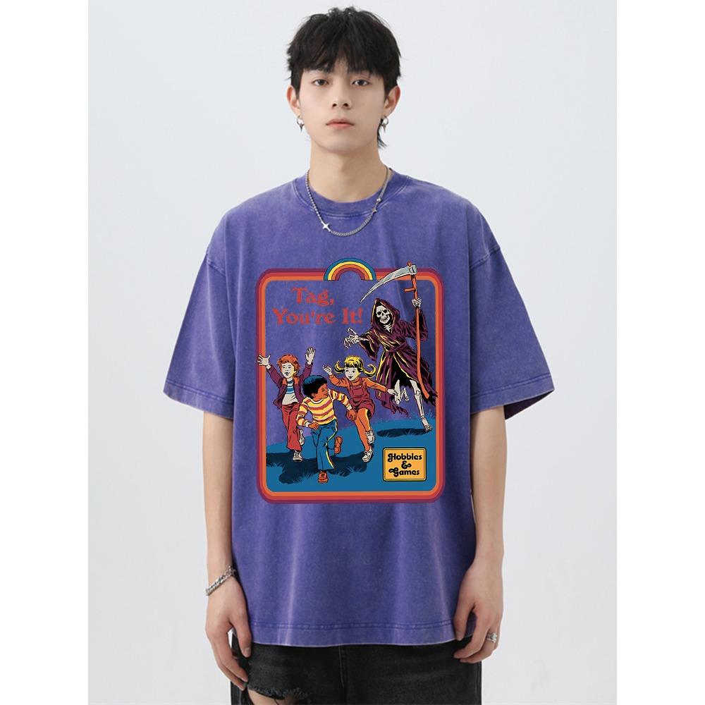Death Is Chasing Me From Behind Washed Retro Male T-Shirt Breathable Oversize Tees Summer Cotton Clothes Couple