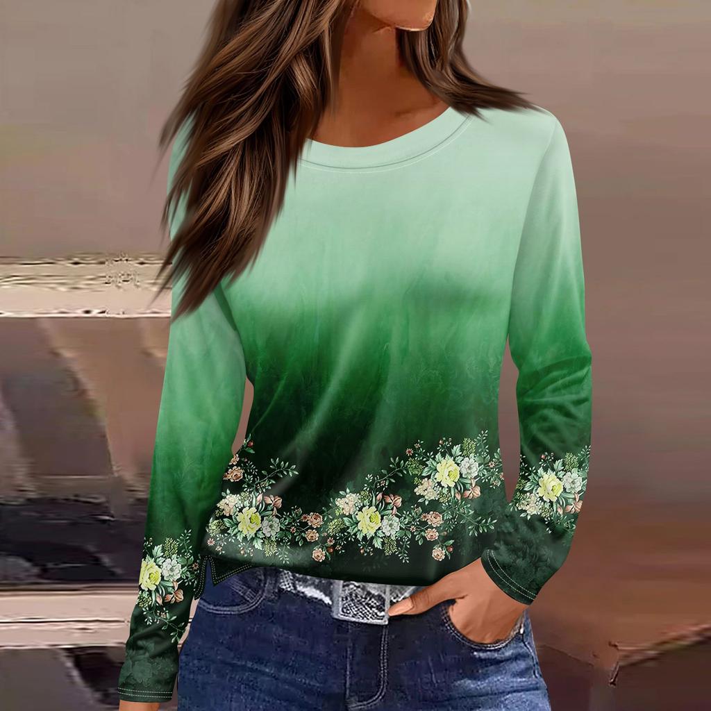 Women's Fashion Casual Slit Hem Round Neck Long Sleeve Loose  Printed T-Shirt Ladies Top