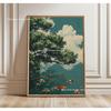 Japanese Frog Umbrella & Sea Boat Canvas Print Minimalist Mid-century Bluebird Animal Wall Art Poster for Modern Home Decor Gift