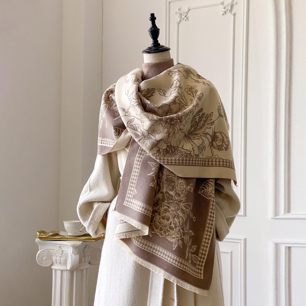 Flower Print Imitation Cashmere Thickened Women'S Scarf Autumn And Winter Flower Animal Exterior Temperament Shawl