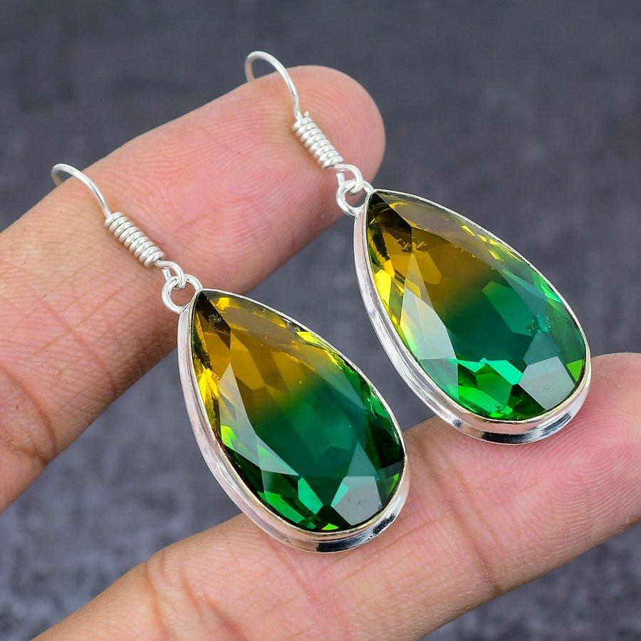 Bi-Color Tourmaline Gemstone Handmade 925 Sterling Silver Earring 1.97" H2c17