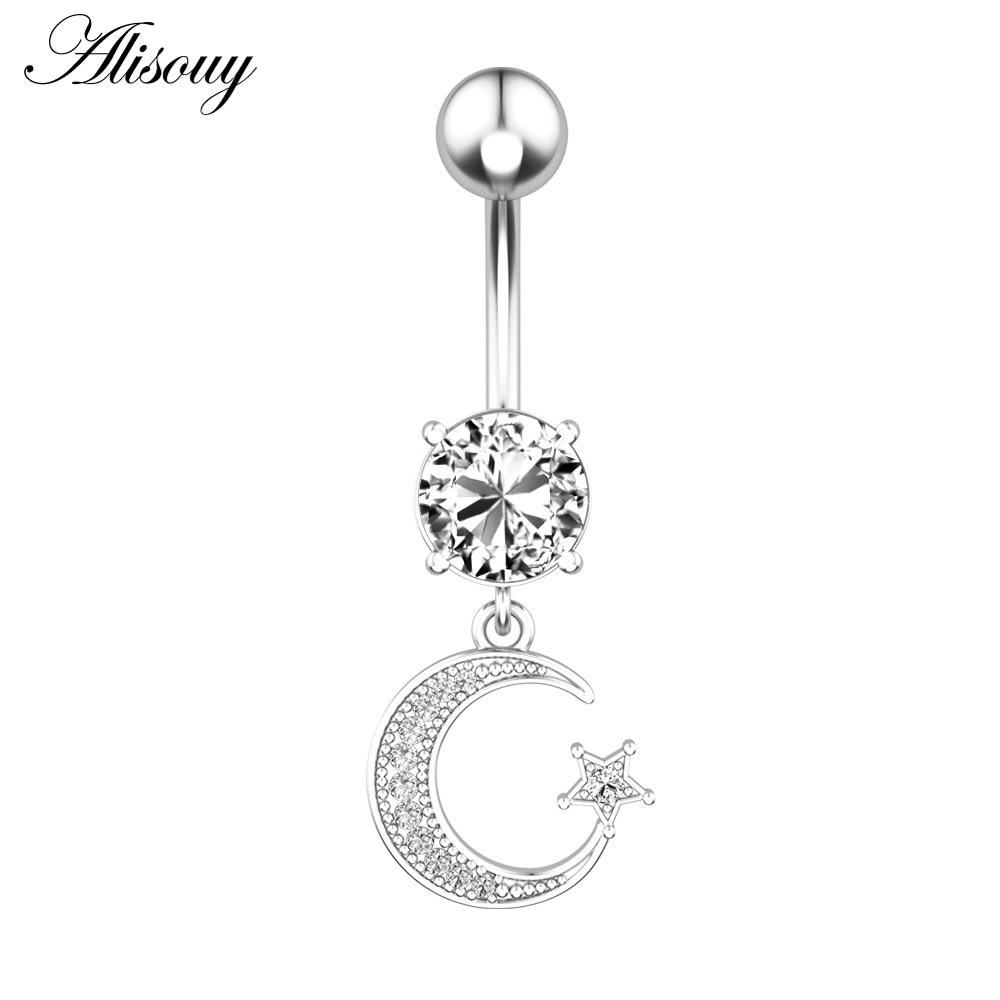 Alisouy 1pc Surgical Steel Crystal Zircon Flower Heart Leaf Bow-knot Dangle Button Navel Piercing Ring Belly Ring Body Jewelry