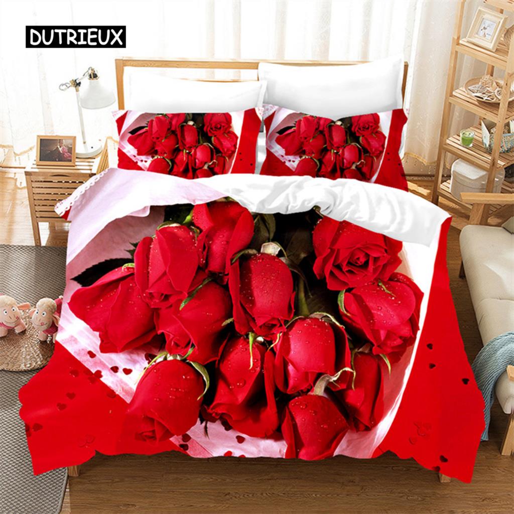 Комплект постельного белья Rose Duvet Set из микрофибры Pink Heart Rose Romantic Flower Tema Комплект постельного белья для влюбленных Double Queen King Size Покрывало для пододеяльника
