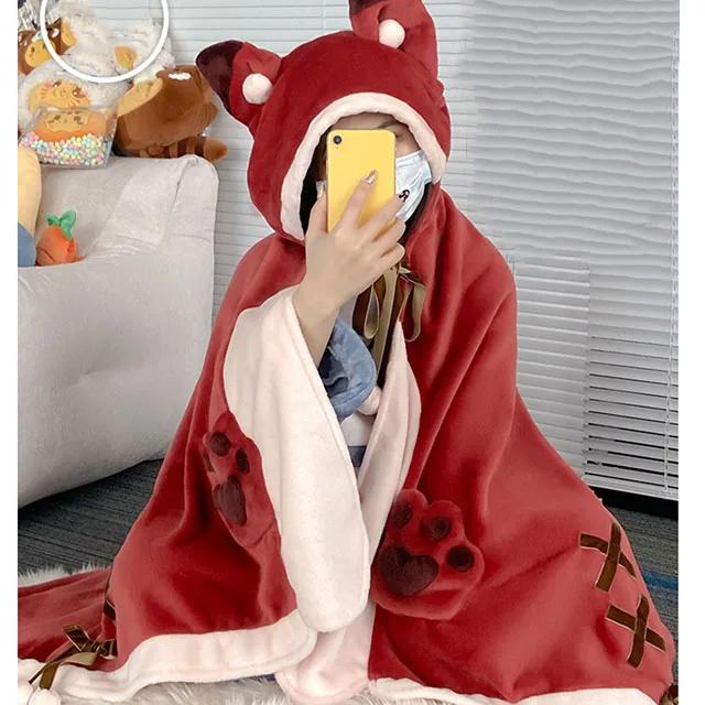 Модное офисное одеяло для сна, кондиционер, плюшевая коричневая накидка с рисунком лисы на Хэллоуин для женщин, шаль, домашнее пончо с капюшоном