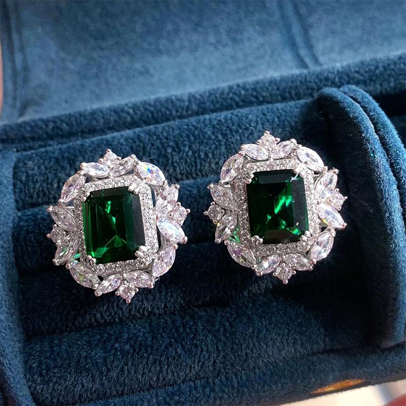 Luxury Green/Pink/Yellow/Red CZ Stud Earrings Women for Engagement Wedding Party Silver Color Fashion Design Jewelry Gift