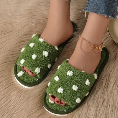 Женские домашние плюшевые тапочки в горошек, зимние домашние тапочки на плоской подошве, теплые хлопковые шлепанцы, женские легкие нескользящие пушистые тапочки с открытым носком