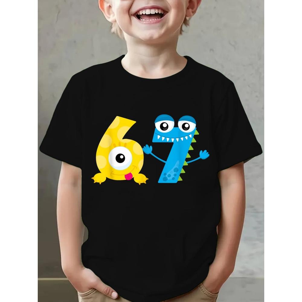 Мальчиковая футболка с графическим 3D-принтом числа 67, удобный топ с коротким рукавом и круглым вырезом, летняя повседневная спортивная детская футболка