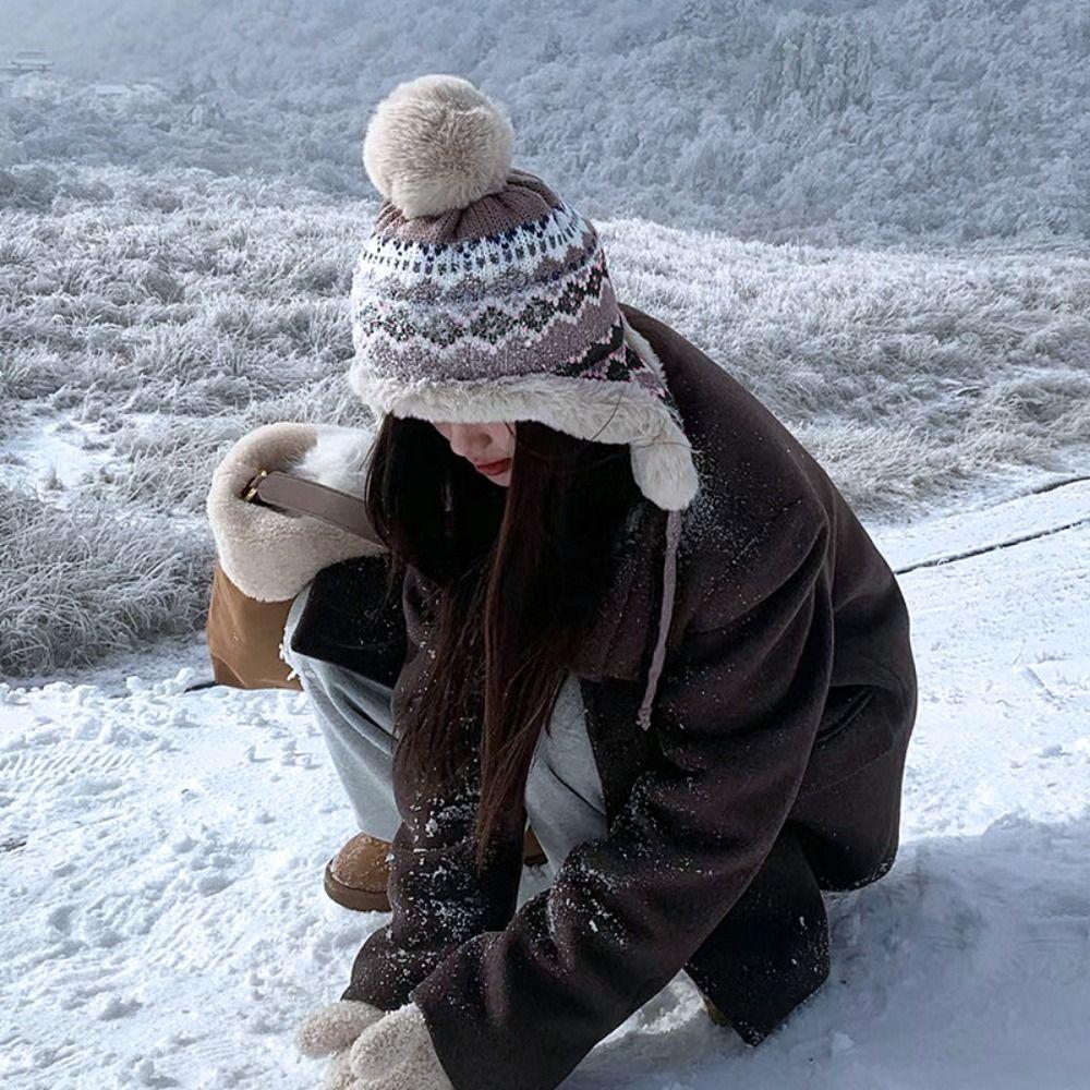 Теплая вязаная плюшевая шапка, ветрозащитная, пуловерная, шапка-бини, зимняя, для защиты ушей, женская