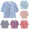 Women Tie-Knot Ruffled Hem Top O-Neck Puff Short Sleeve Striped Print Shirt Bow Tie Front