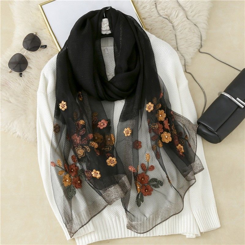 Silk Wool Embroidered Silk Scarf Women'S Spring And Autumn Thin Outer Shawl Dual-Purpose Winter Gift High-End Mulberry Silk Scarf