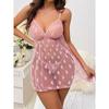 Women Sexy Lingerie Strappy Mesh See Through Nightdress Spaghetti Pink Love Sling Dress Set Erotic G-string Perspective Underwear Suit
