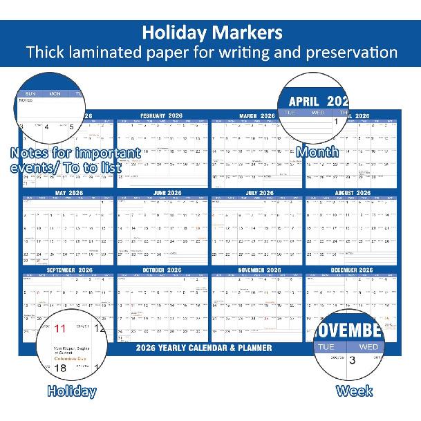 32"x48" 2026 Wall Calendar, AWANKOU Wet & Dry Erasable 1 Page Poster Calendar - Large Laminated 12 Month Annual Yearly Calendar for