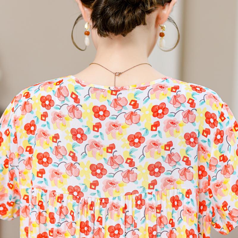 Plus Size Elegant Loose Dresses for Women Oversize Short Sleeve Vintage Print Long Dress Casual Middle-aged Women's Clothing