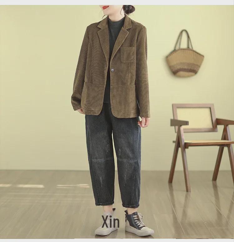 2024 Spring Women's Plus Size Corduroy Cotton Slim Suit Jacket