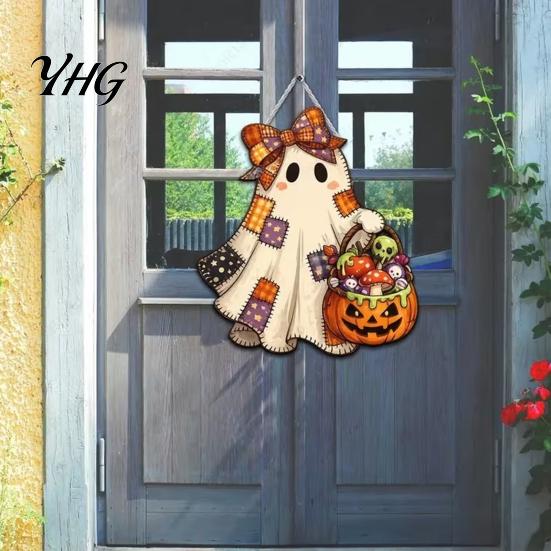 Rustic Seasonal Sign Halloween Cute Bow Ghost Door Sign, Wooden Patchwork Hanging Plaque with Pumpkin Candy Basket, Wood Craft Decoration Retro