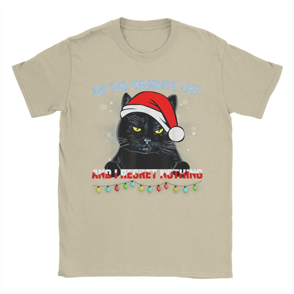On The Naughty List And I Regret Nothing Cat Christmas T-Shirts Men Funny Tee Shirt Crewneck Short Sleeve Clothing
