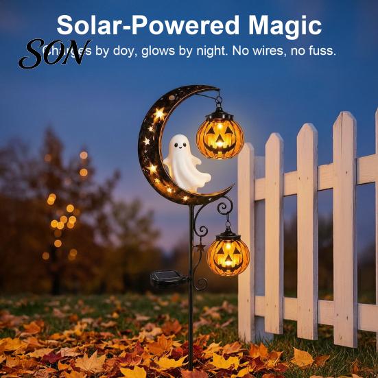 Outdoor Decorative Metal Stakes Solar Halloween White Ghost Pumpkin Moon Garden Stake Light, Waterproof LED Crescent Cat Lanterns Yard