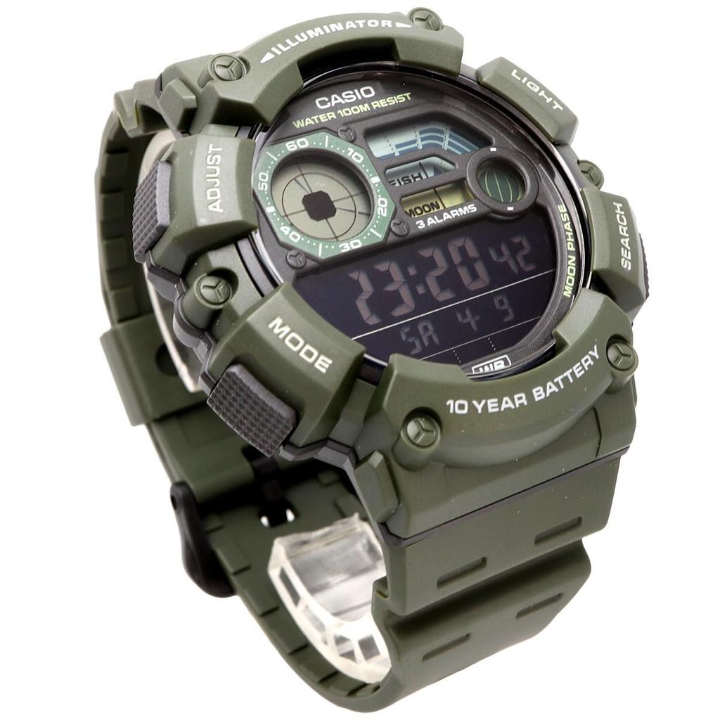 Casio Цифровые мужские часы WS-1500H-3BV с отображением данных о рыбалке и лунных данных, черный инвертированный ЖК-дисплей, армейский зеленый, модель для зарубежного рынка [параллельный импорт]