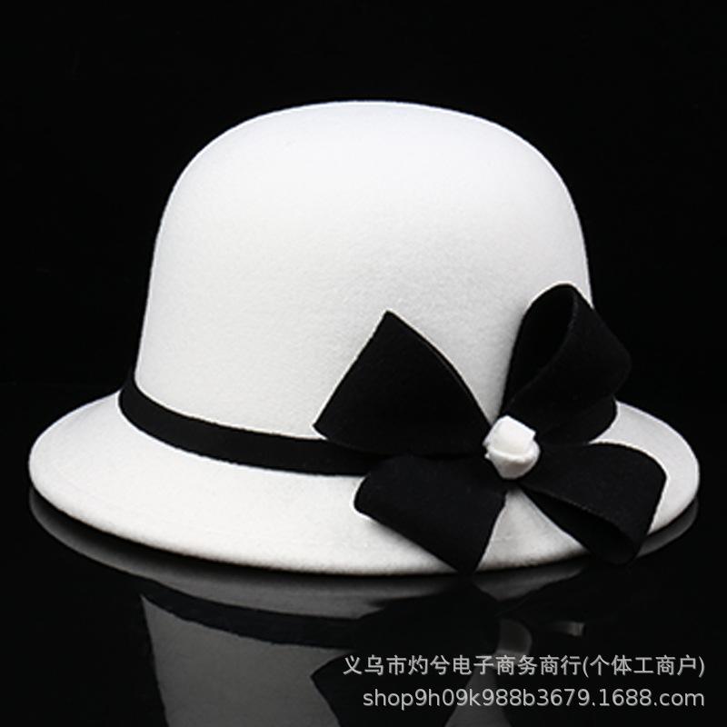 Hat Women's Autumn and Winter Wool Flower Pot Hat French Felt Women's Outdoor Warm Windproof Top Hat Wool Wide-brimmed Hat