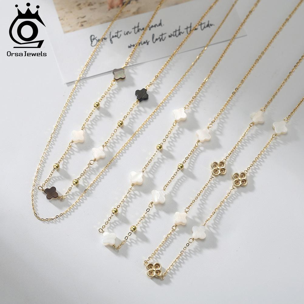 ORSA JEWELS Shell 4 Four Leaf Leaves Clover Pendant Necklace Lover Birthday Gift Quality Double Layered 925 Silver Jewelry GMN59