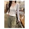 Korean Chic White V-Neck Slim Knit Long-Sleeve Top for Women - Autumn/Winter