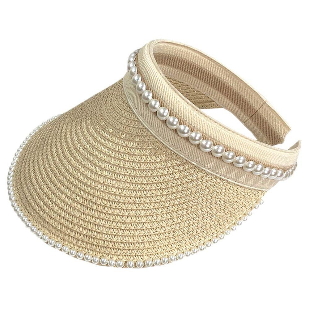 Wide Brim Sun Hat Pearl Decorated Straw Hat Imitation Pearl Beach Hat UV Protection