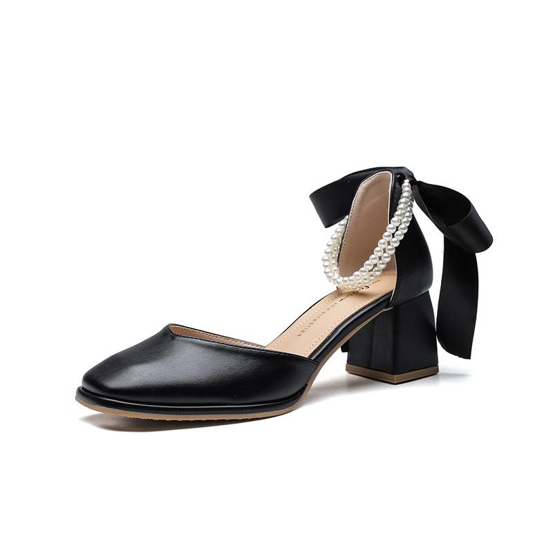 Модные женские туфли-лодочки на высоком каблуке с бантом из ленты сзади, босоножки с жемчужной отделкой на щиколотке 2025, туфли с квадратным носком, женские офисные туфли, Мэри Джейн на танкетке, каблуки