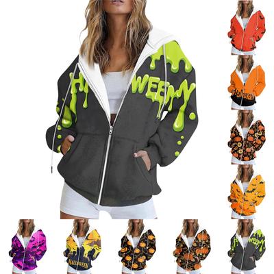 Женская повседневная толстовка с длинным рукавом и принтом Хэллоуина, куртка с карманом и застежкой-молнией, пальто с капюшоном