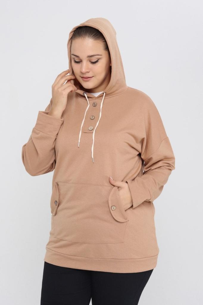 Women's Style Big Size Sweatshirt Large Size Hooded Kangaroo Pocket Lycra Button Detailed Long Hoodie Sweatshirt Green