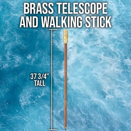 Brass Telescope and Walking Stick  Functional Brass Telescope Hidden In Handle  Premium Wooden Shaft 3-Piece Break-Down Design  No Slip Rubber Toe