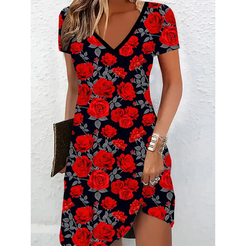 Летняя мода Женское платье с V-образным вырезом, коротким рукавом, минималистичное, с принтом, сексуальное, короткое, платья