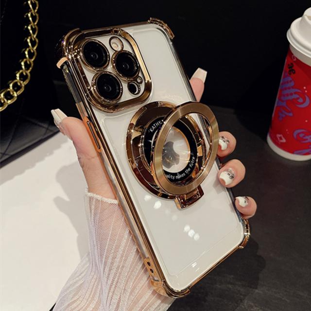 For iPhone 15 Pro Max Luxury Plating Frame Magsafe Magnetic Stand Phone Case For iPhone 11 12 13 14 16Plus Lens Protective Cover