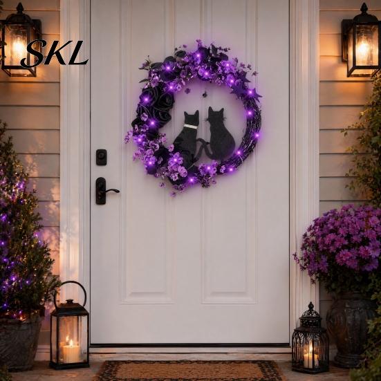 Black Cat Wreath with Lights Halloween Floral Garland, String Lights, Silhouette Romantic Decor Wreath, for Front Door Indoor Outdoor Wall Spooky And